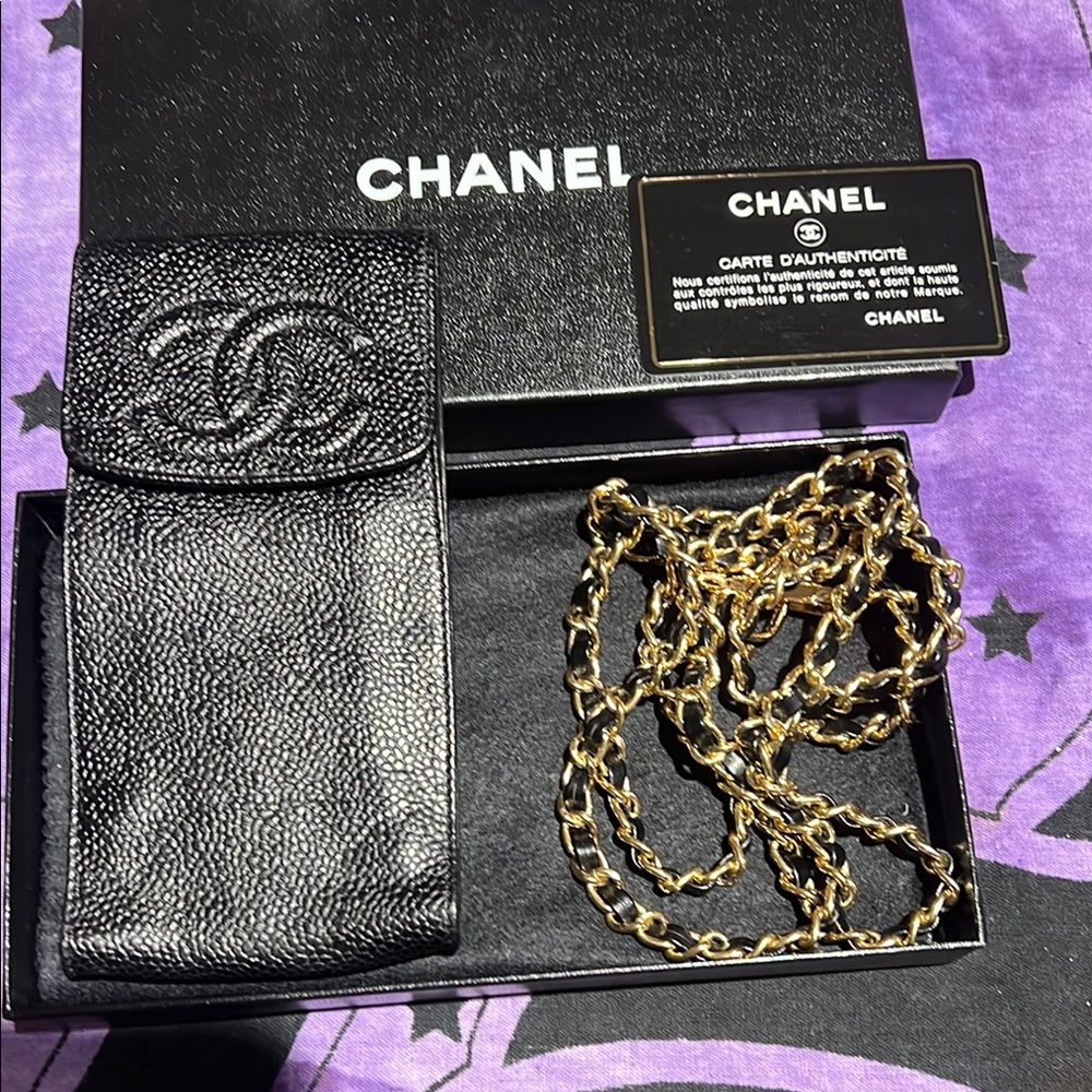 Authentic Chanel Black and Gold Chain Leather Pouch/ Carry Case